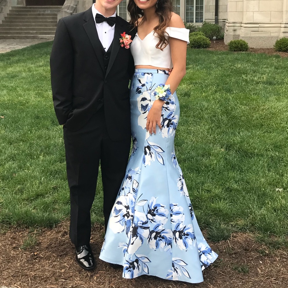 light blue floral two-piece mermaid prom dress
